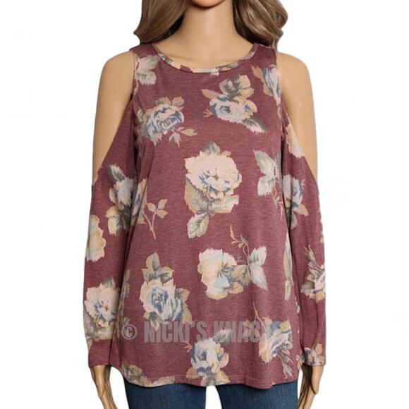 Peach Love Floral Cold Shoulder Top Dusty Rose Boho Romantic Knit Shirt Size S - Picture 3 of 8
